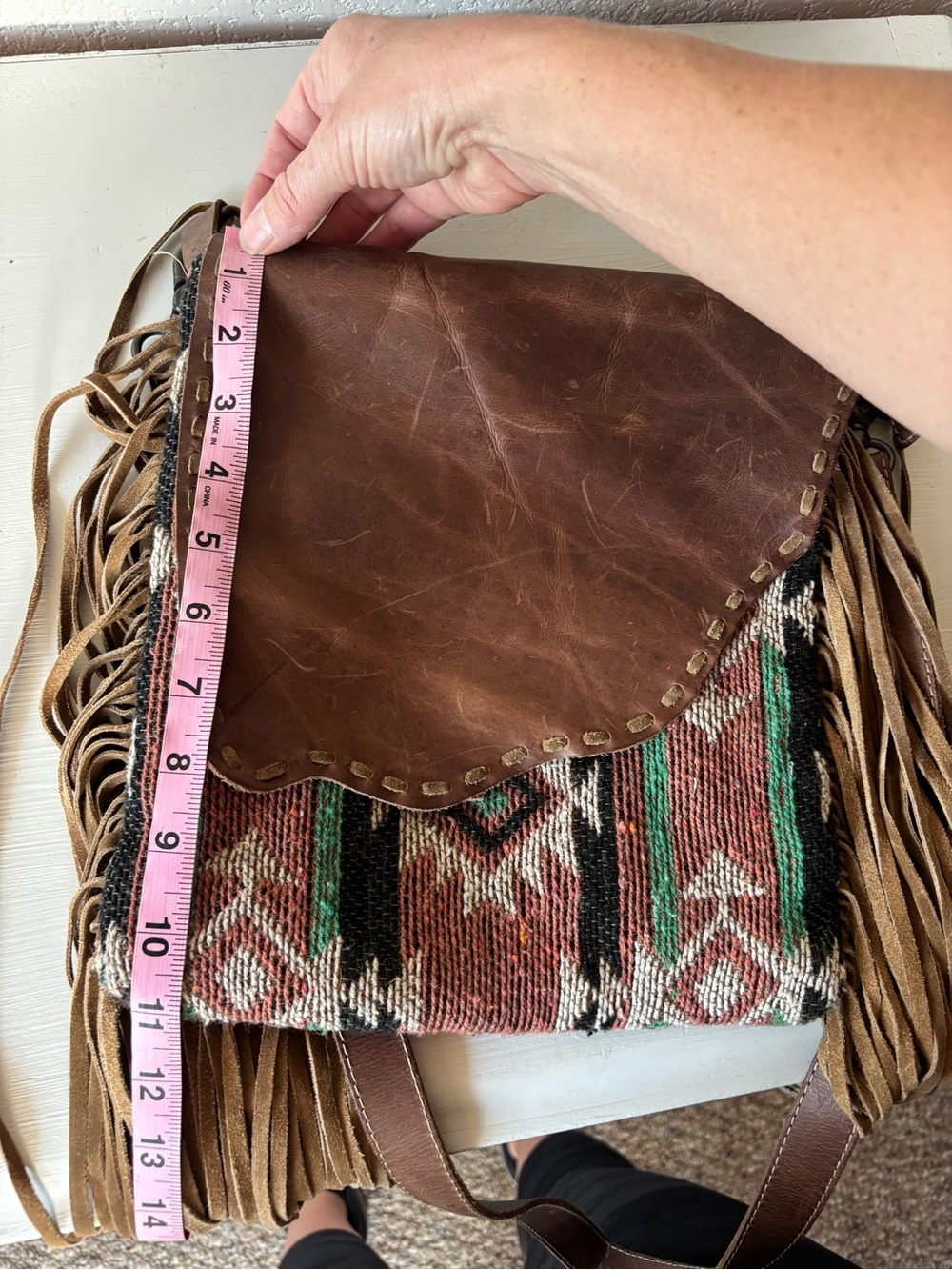 Myra Bag Brown Leather Fringe Crossbody with Aztec Textile - Picture 8 of 9